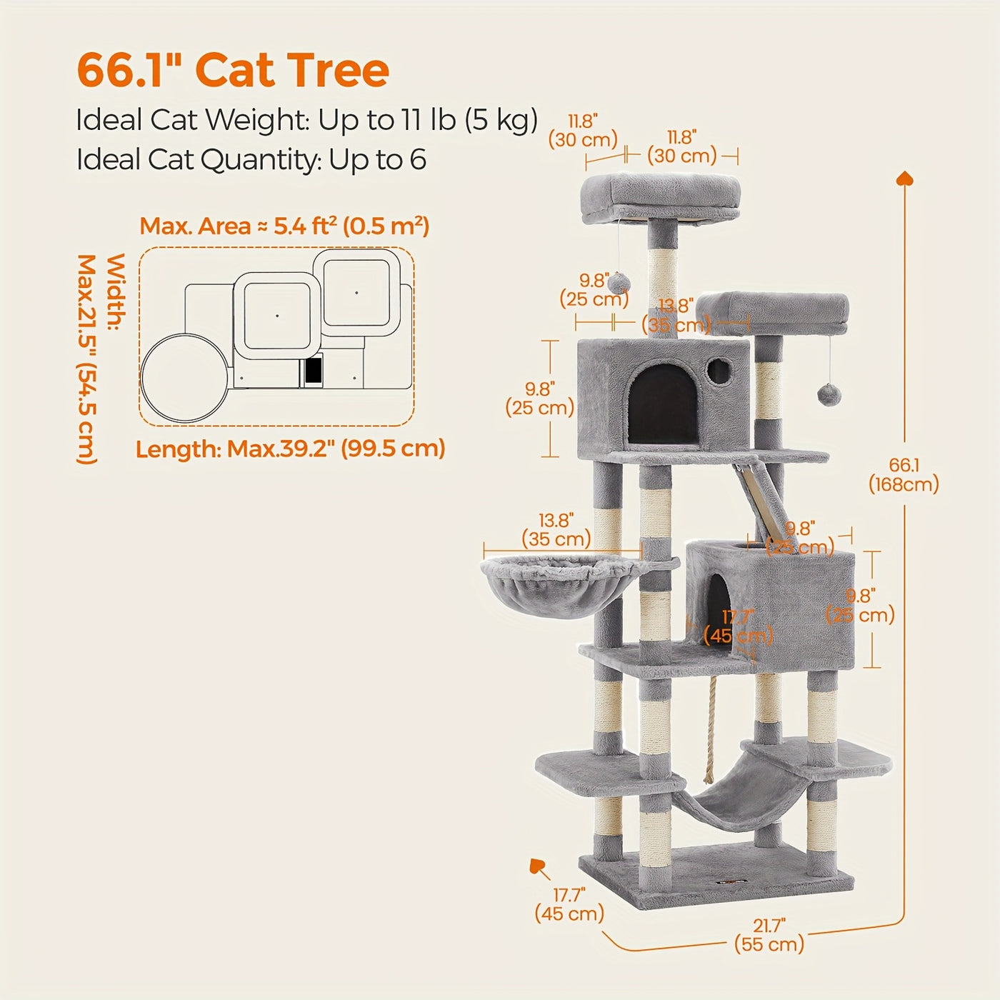 Multi-Level Cat Tree Tower with Cave & Plush Hammock - 44/66/79in Tall Cat Condo, 4 Sisal Scratching Posts, 2 Perches, Anti-Tilt, Pompom Toys for Multi-Cat Families, 5 Colors