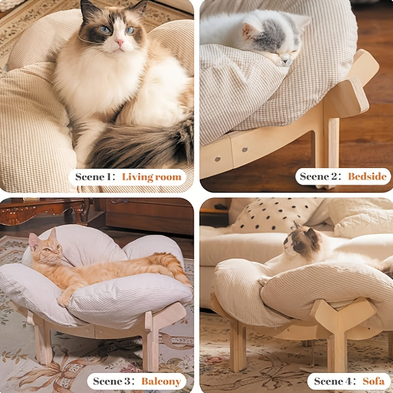 Elevated Wooden Cat Bed with Soft Cushion Raised Pet Lounge Chair Sofa – Modern Solid Wood Cat Hammock for Indoor Cats and Small Dogs with Linen Fish Toy