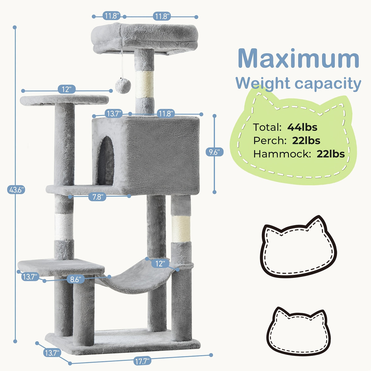44 Inch Cat Tree Tower with Condo Hammock & Sisal Scratching Posts - Multi-Level Cat Tower for Indoor Cats with Perches & Pet House