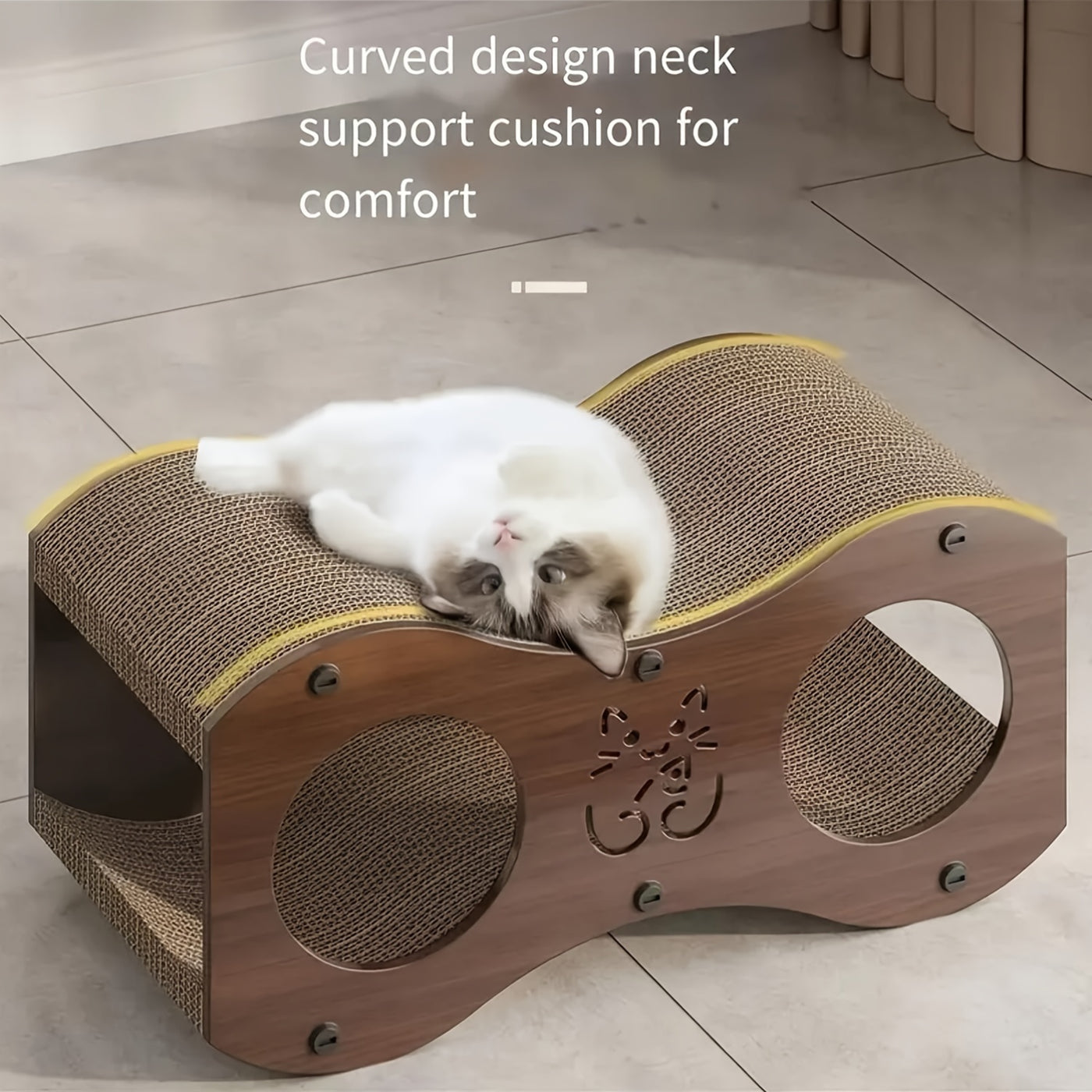 Cat Scratching Post with Integrated Woven Bed & Cat Toy - Sturdy Wood Base 4-Season Scratch Pad for Indoor Cats, Lounging & Play, Oak or Walnut Color
