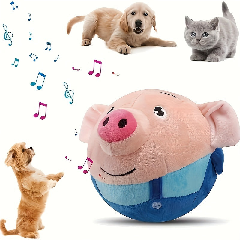 Electric Cartoon Pig Dog Toy – USB Rechargeable Auto Rolling Squeaky Vibrating Interactive Dog Toy Ball, Washable Electronic Pet Toy for Active Dogs, Blue & Red