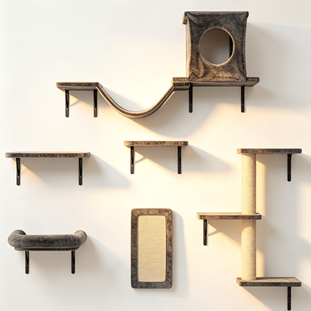 Wall Mounted Cat Climbing Shelf Set – 6 or 7 Piece Cat Wall Furniture with Scratching Post, Bridge, Ladder & Tunnel, Indoor Cat Condo for Cats of All Sizes