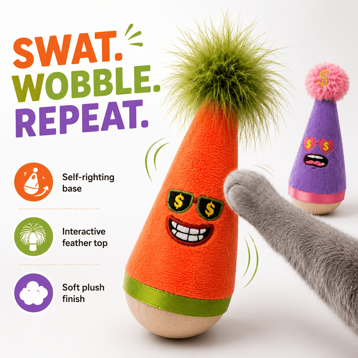 Catnip Wobble Feather Cat Toy with Mint Powder - Interactive Hunting Chase Toy for Kittens & Adult Cats Self-Play Indoor Exercise