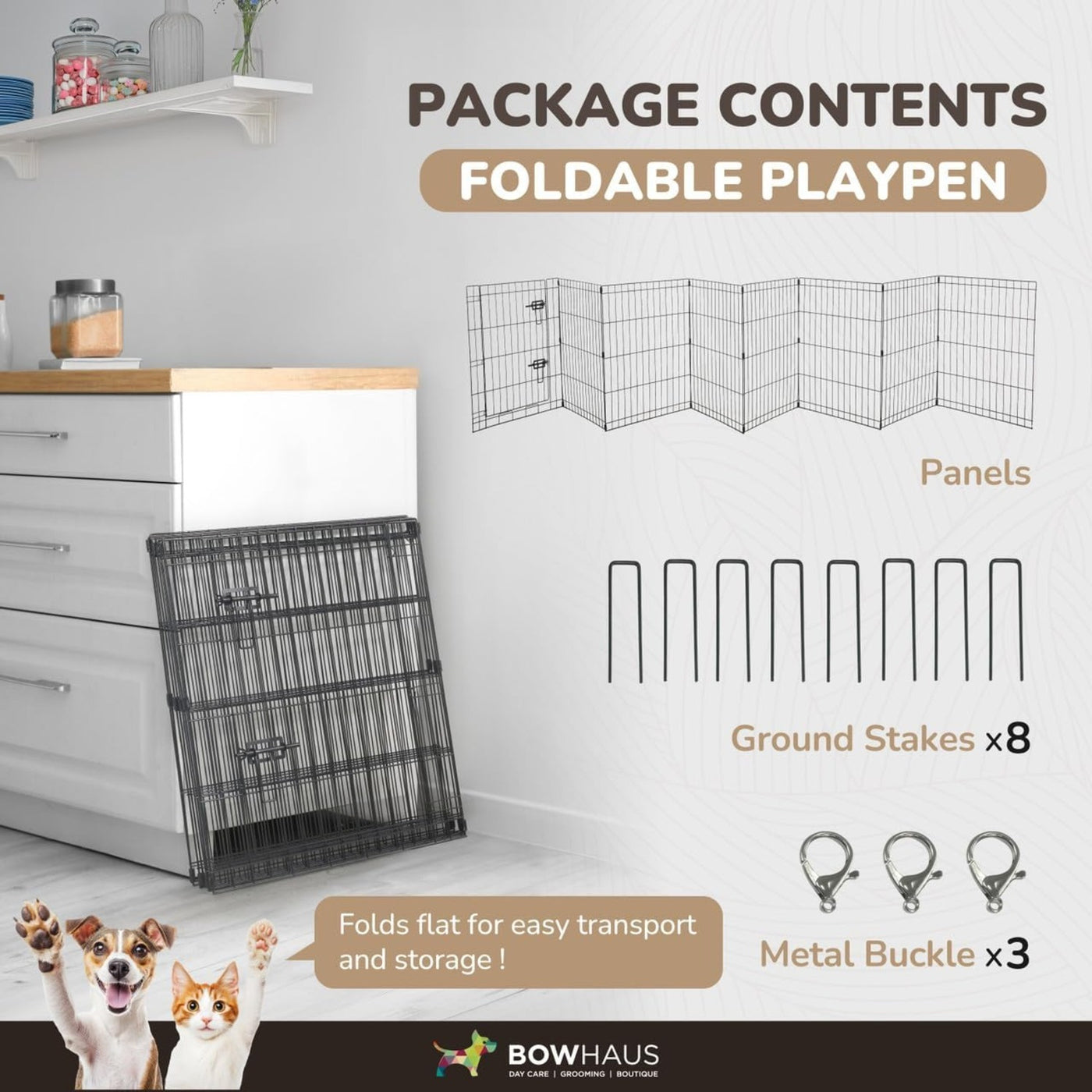 Metal Dog Playpen 8-Panel Foldable with Gate – Heavy-Duty Iron Exercise Fence Cage for Small Dogs, Indoor Outdoor Portable Kennel, 24"/30"/36" Height Options