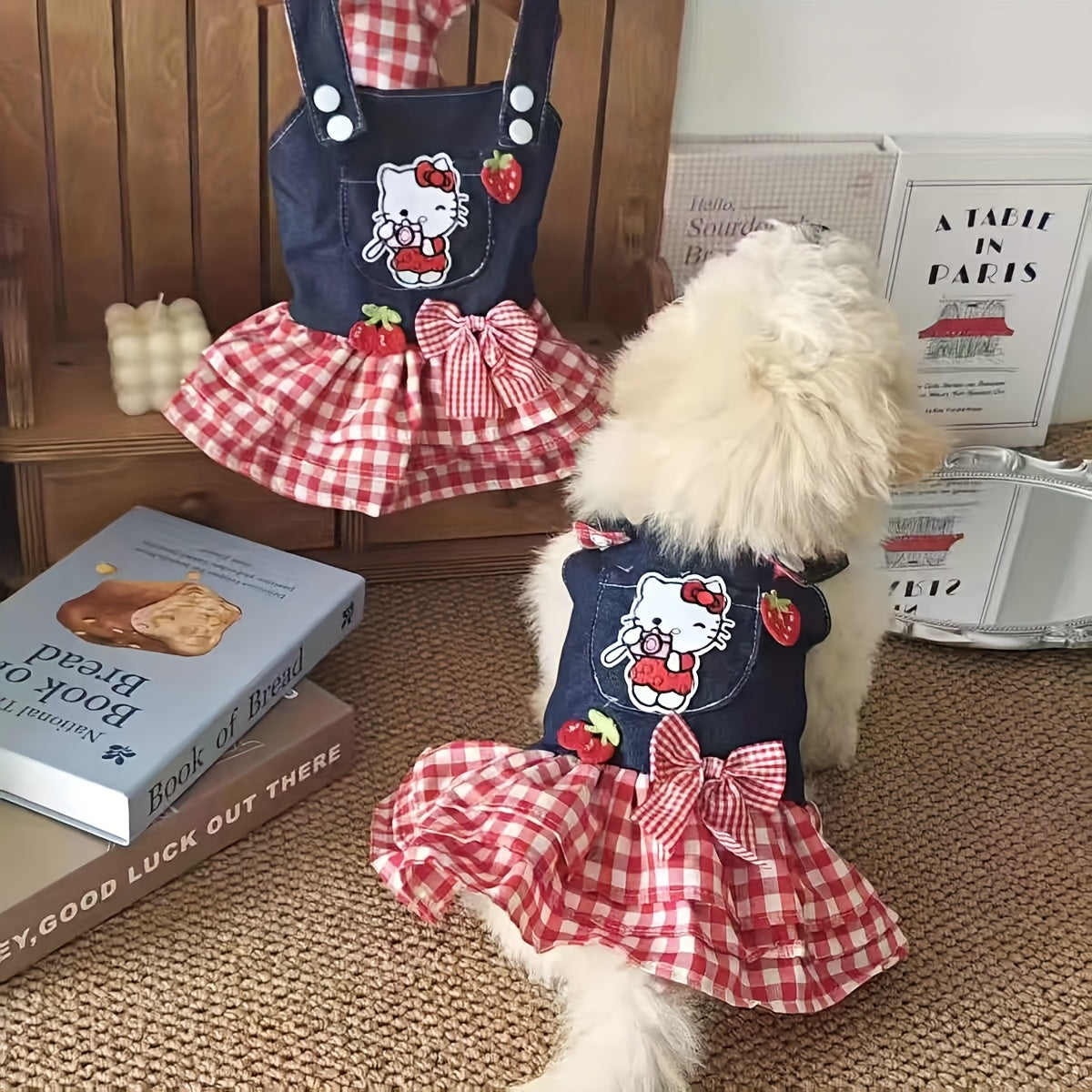 Hello Kitty Pet Dress Red White Plaid Pleated Skirt with 3D Bow & Strawberry – Sanrio Licensed Holiday Party Dress for Small Dogs Cats, XS-XL, Christmas Gift