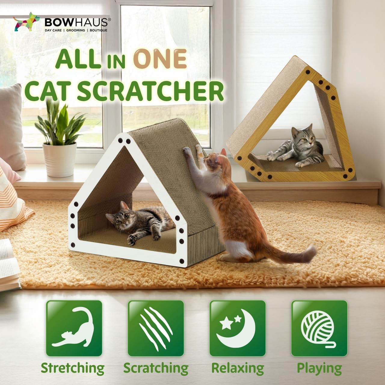 House Cat Scratcher Lounger - Large Reversible 5-Layer Cardboard Cat Scratching Pad & Board for Indoor Cats, 16x14x12 Inch, Brown & White
