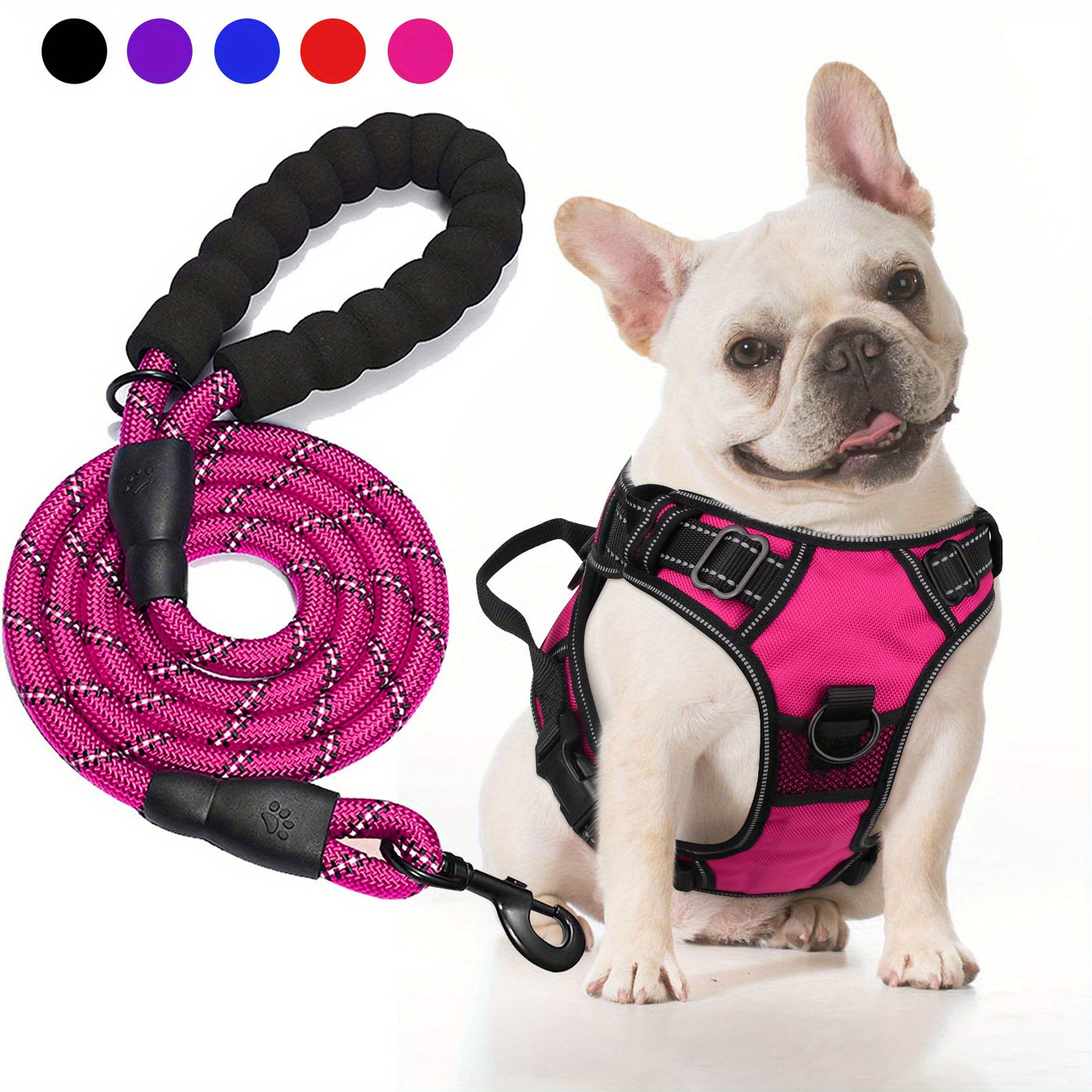 No-Pull Dog Harness & Free 5-Foot Leash Set - Adjustable Reflective Oxford Vest with Foam Handle, Easy Control for Medium Large Dogs S-XL, Black Purple Blue Red Rose Red