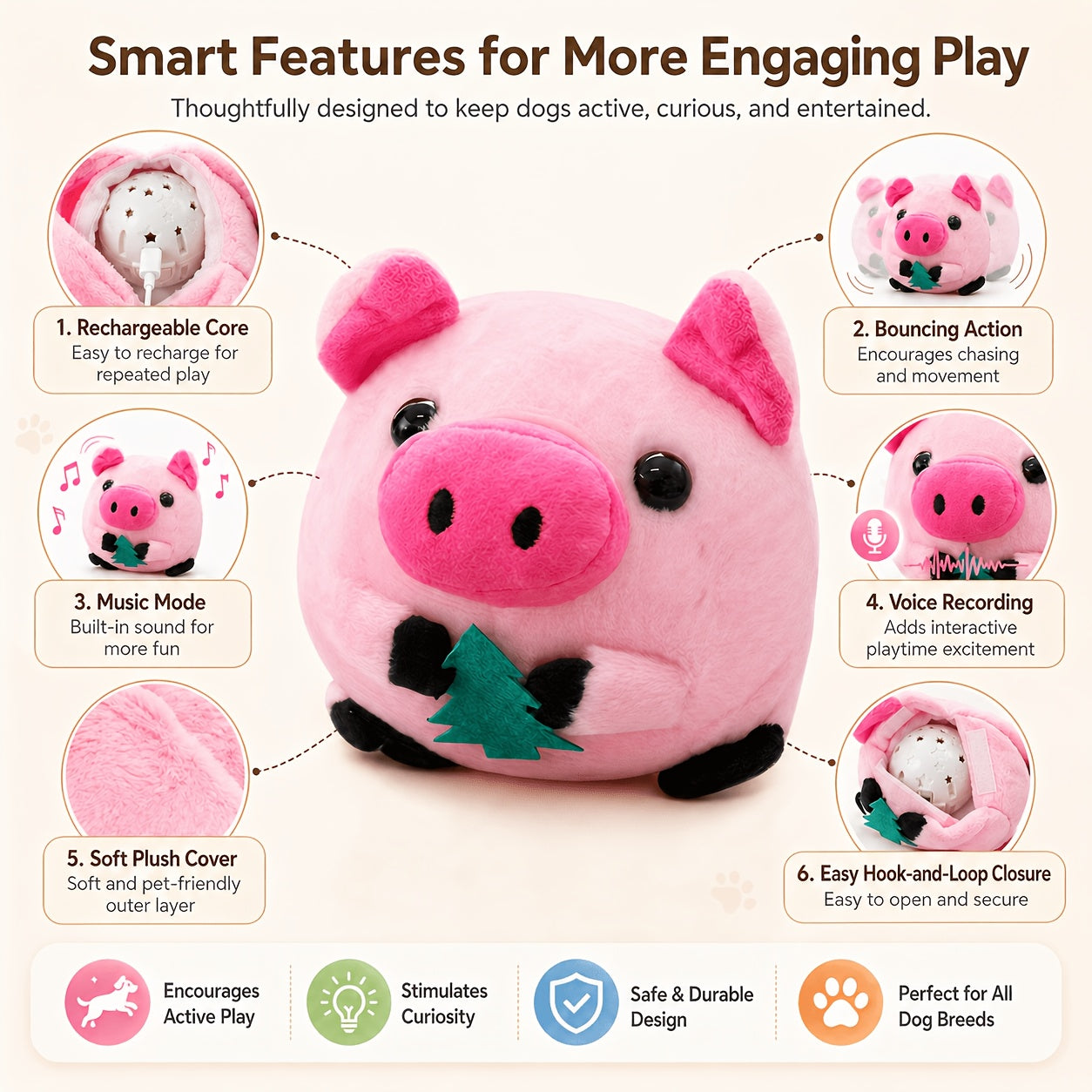 Rolling Bouncing Dog Toy with Motion Sensor & Animal Sounds – USB Rechargeable, Recording Mode, Washable, for Puppies & Small Dogs, Single or 2-Pack