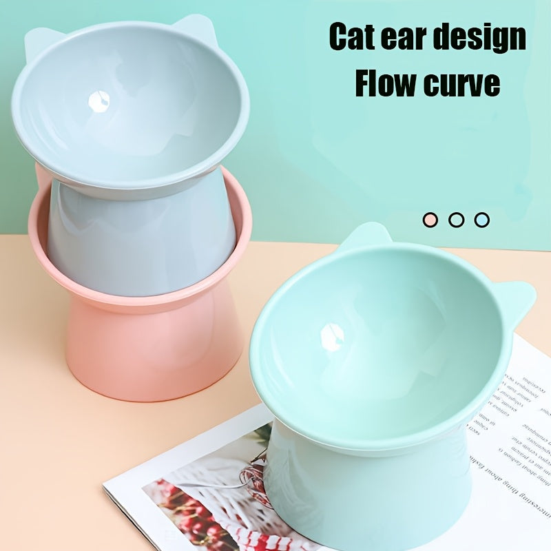 Raised Cat Bowls Set of 3 Cat Ear Shaped – Tri-Color Elevated Anti-Slip Feeder Dish for Multi-Cat Households, Neck Comfort Design (Pink/Green/Blue)