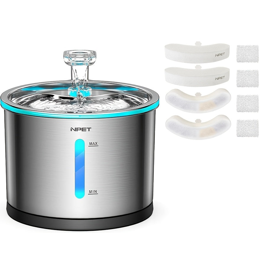 Stainless Steel Cat Water Fountain 50oz/1.5L with Filter - Ultra Quiet Auto Pet Water Dispenser, Dishwasher Safe, LED Visible Window for Cats & Dogs Indoor