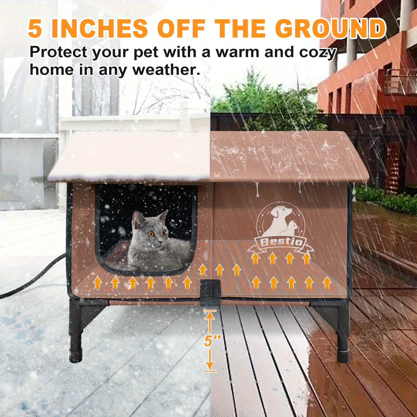 Heated Cat House Outdoor Indoor 3-in-1 with Removable Warming Pad - Elevated Cat Shelter, Chew-Resistant Cord, All-Season Cat Cave for Cats Kittens Small Dogs, Small & Large Sizes