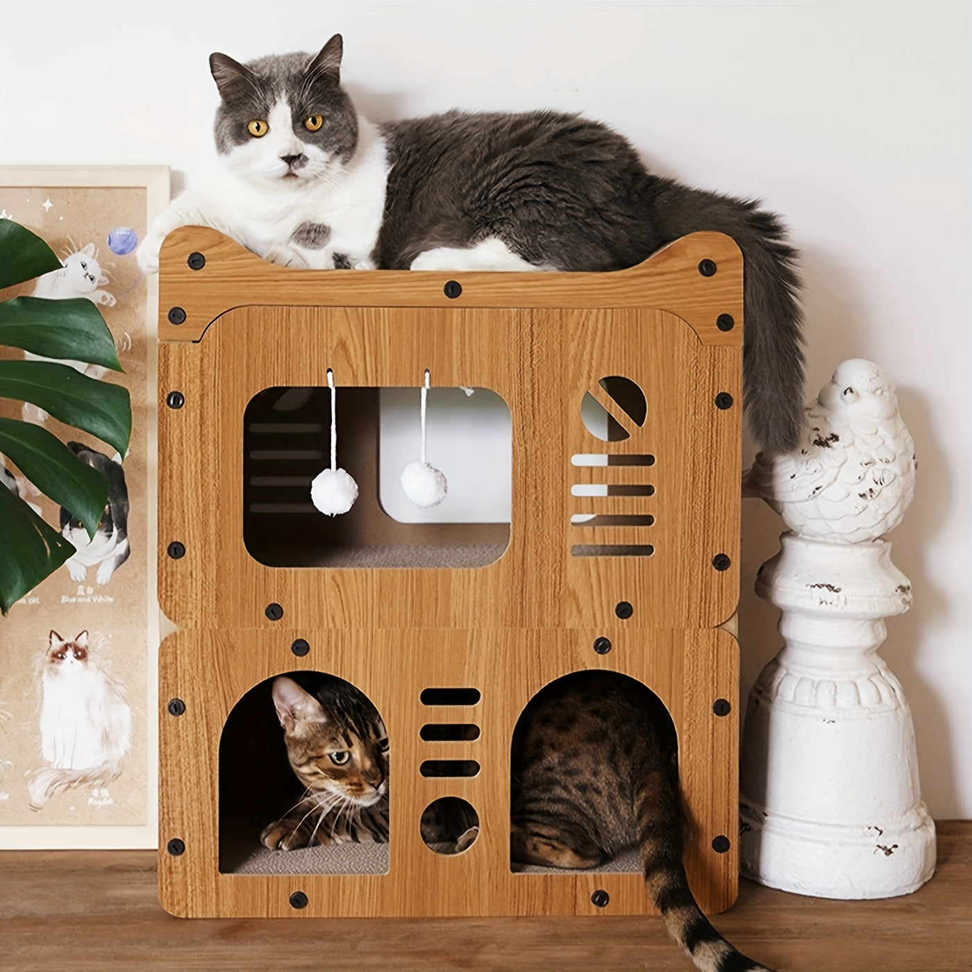 Cat Tree House Condo with Scratching Board & Plush Balls - Multi-Level 21" Indoor Outdoor Cat Condo, Dual Scratch Posts, Ventilation Doors, Cozy Perch for Cats Kittens