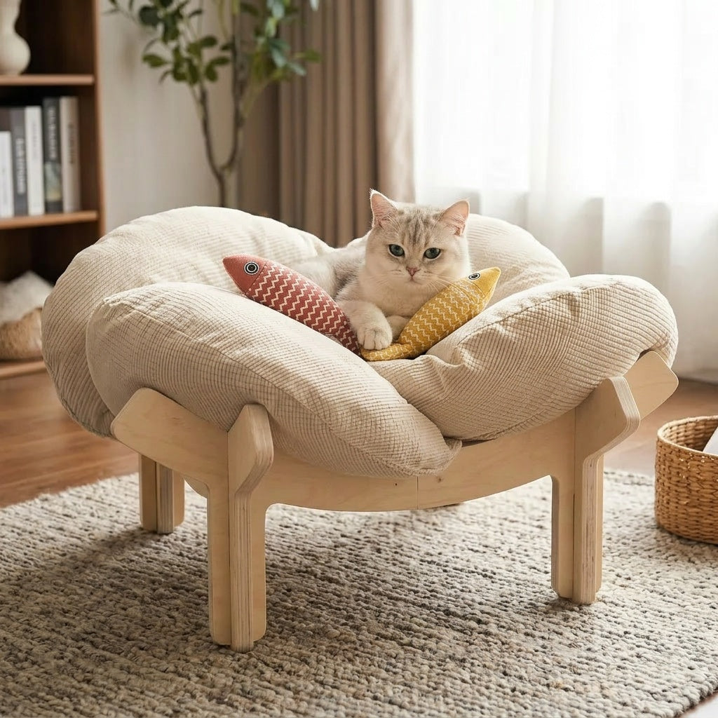 Elevated Wooden Cat Bed with Soft Cushion Raised Pet Lounge Chair Sofa – Modern Solid Wood Cat Hammock for Indoor Cats and Small Dogs with Linen Fish Toy
