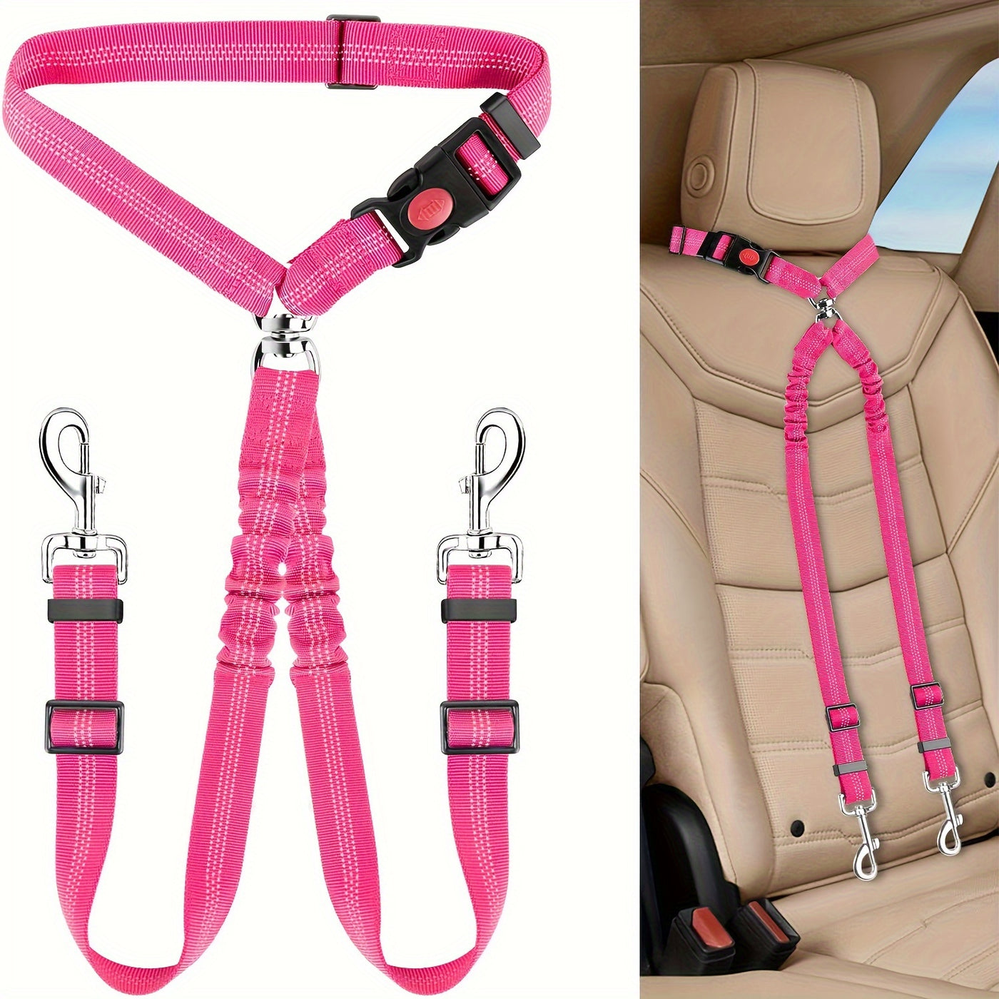 Dual Dog Car Seat Belt for 2 Dogs – No-Tangle Headrest Restraint with Adjustable Bungee, Safe Pet Car Safety Harness for Small Medium Large Dogs, Black Pink Red