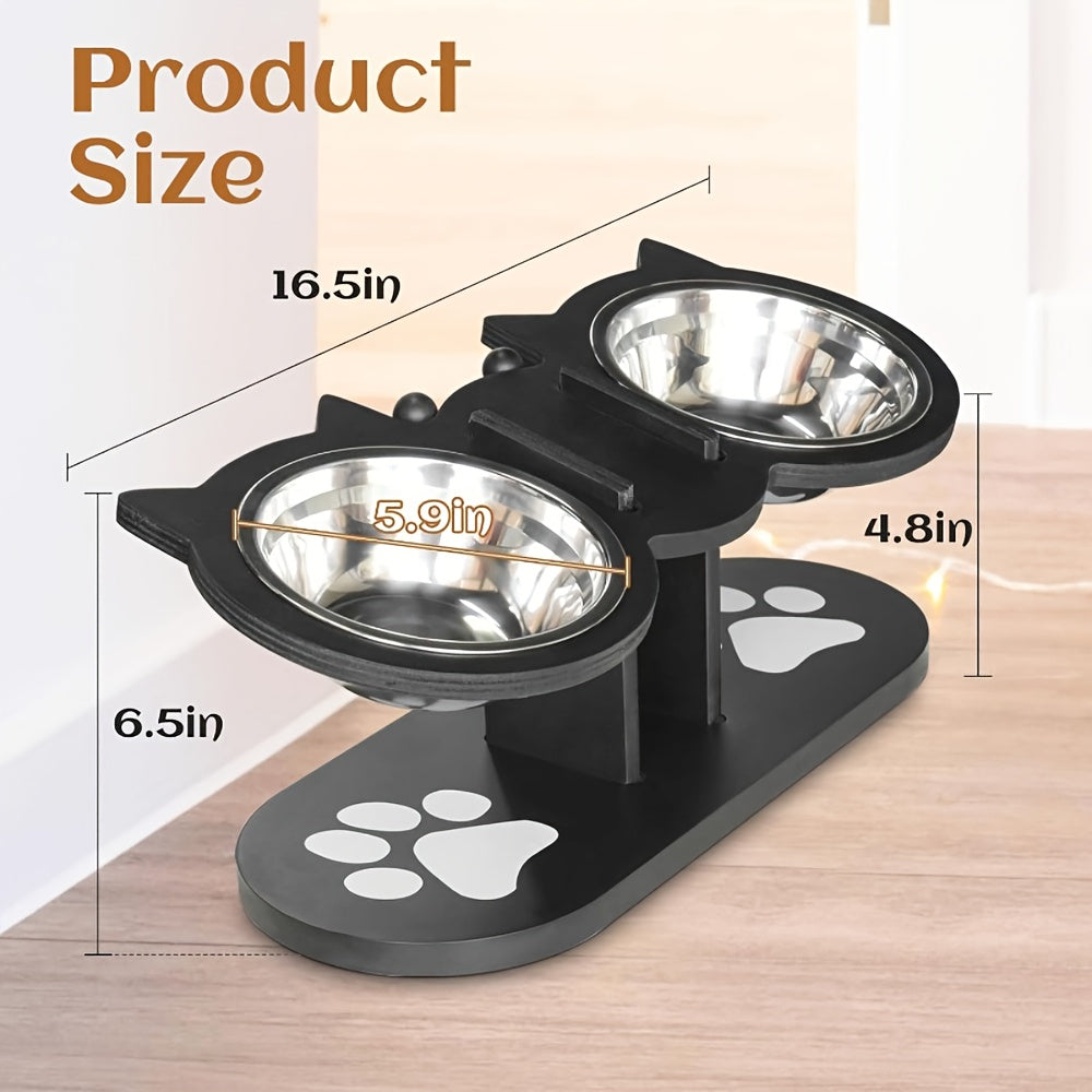 Elevated Cat Bowls 15° Tilted Stainless Steel – Raised Bowl Stand Feeder with Anti-Spill Wooden Base, Set of 2 or 3, for Cats & Small Dogs