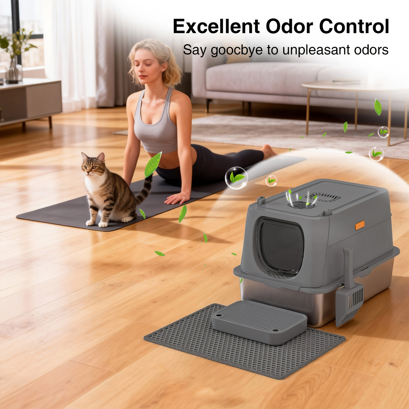 Extra Large Stainless Steel Cat Litter Box with Lid Enclosed Foldable Anti-Splash Indoor Cat Toilet with Front Flap Door Superior Odor Control