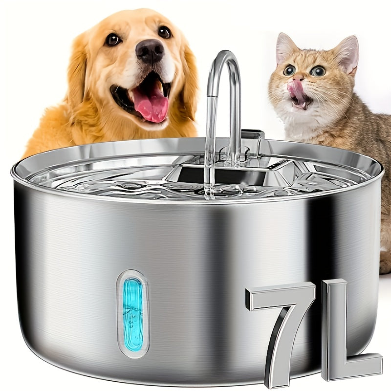 Stainless Steel Pet Water Fountain 236oz/7L - Automatic Cat Dog Water Dispenser, USB Powered, Replacement Filters Included, Water Level Window, for Cats Dogs Multiple Pets
