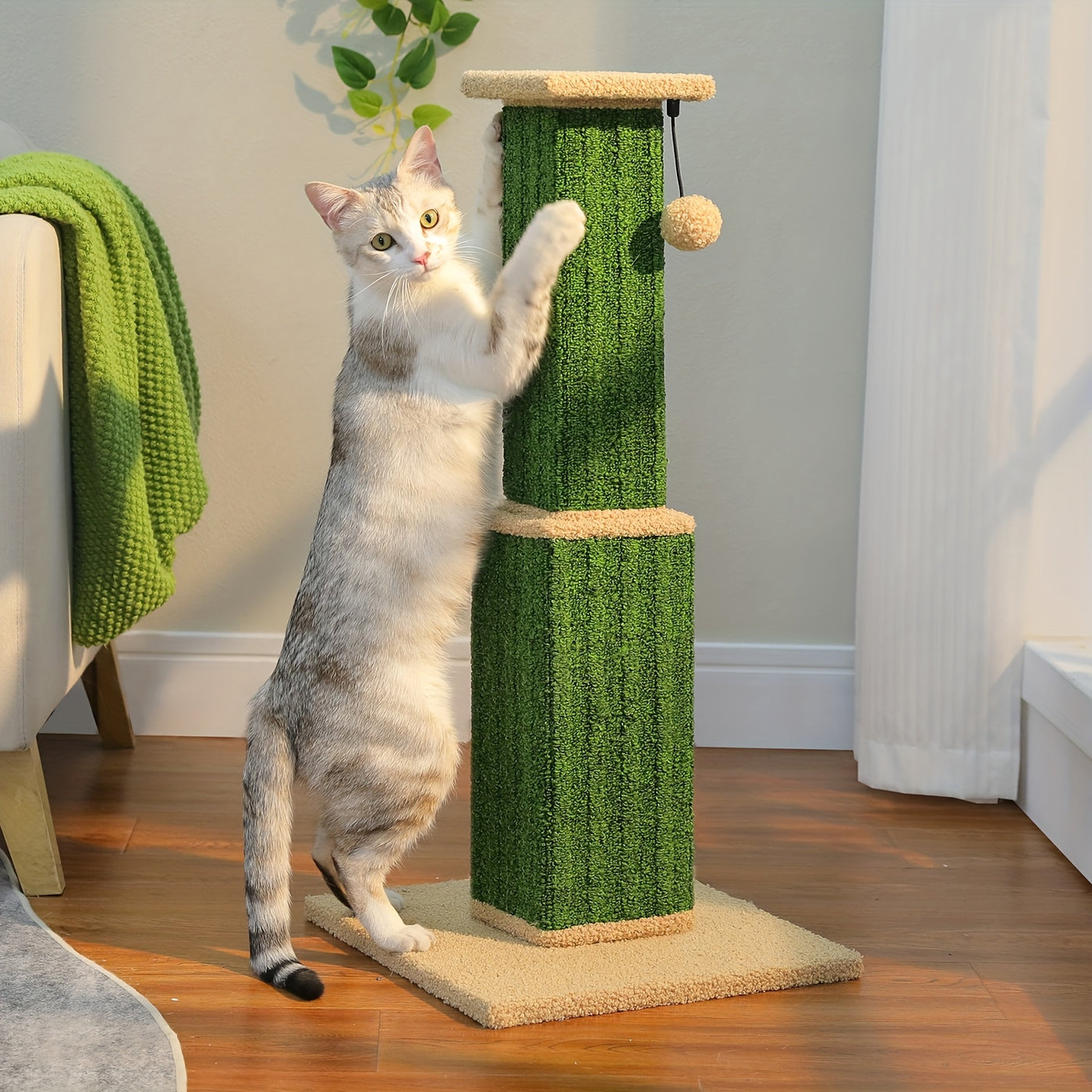 Multi-Tier Sisal Cat Scratching Post Tower with Dangling Ball - 18.9" & 32" Indoor Cat Tree for Energetic Cats, Sturdy Tiered Design, 6 Colors