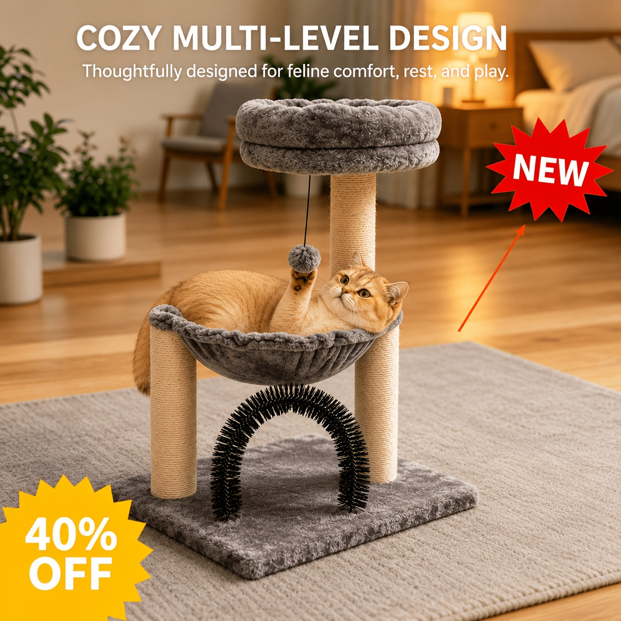 Cat Tree Tower 27.8" for Indoor Cats – Multi-Level Scratching Post with Plush Basket, Perch & Dangling Ball for Kittens and Small Cats, Grey