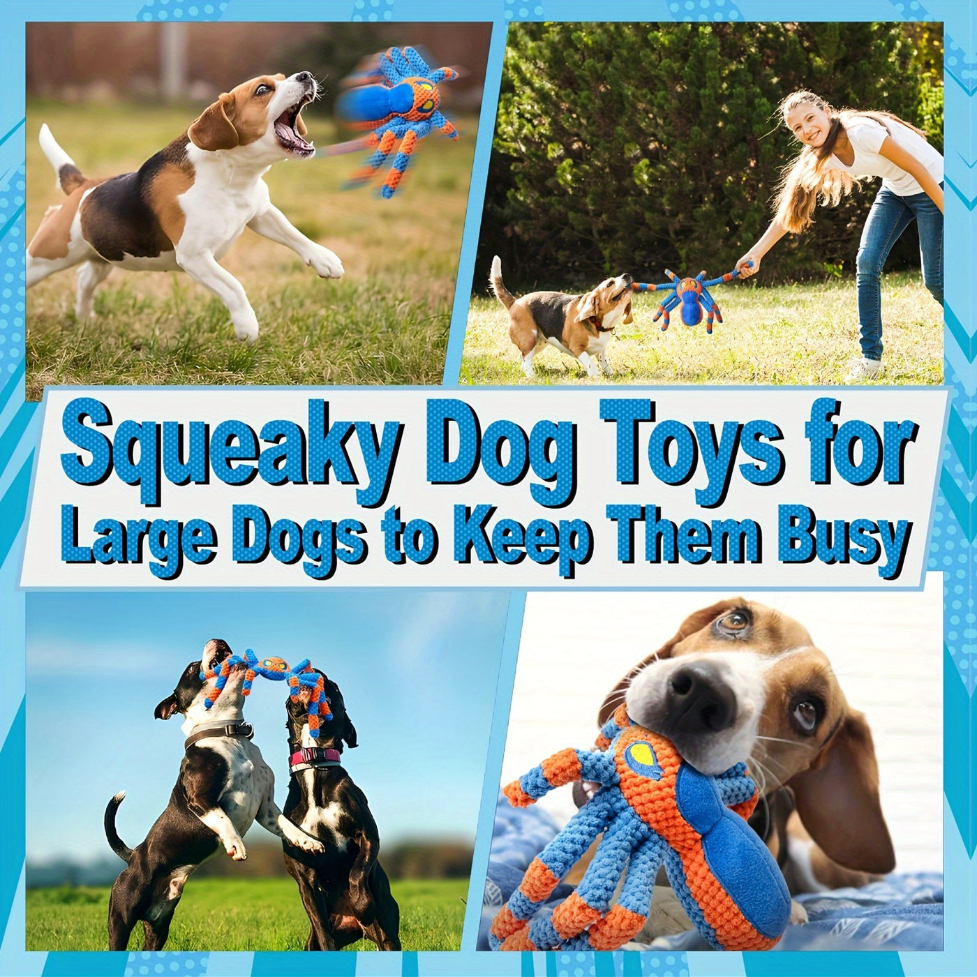 Squeaky Spider Dog Toy – Large Interactive Crinkle Tug of War Toy to Keep Dogs Busy, No Battery Needed, Funny Plush Dog Toy for Puppies & Large Breeds, Red & Blue