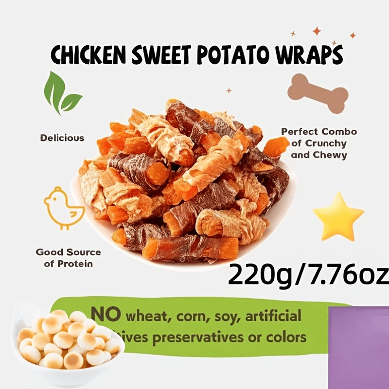 Sweet Potato Dog Treats Chicken Wrapped & Duck Wrapped Natural Training Reward Soft Chewy High-Protein Grain-Free Dog Snack 220g 7.76oz