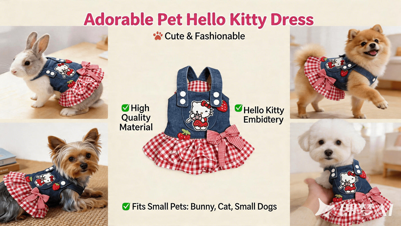 Hello Kitty Pet Dress Red White Plaid Pleated Skirt with 3D Bow & Strawberry – Sanrio Licensed Holiday Party Dress for Small Dogs Cats, XS-XL, Christmas Gift