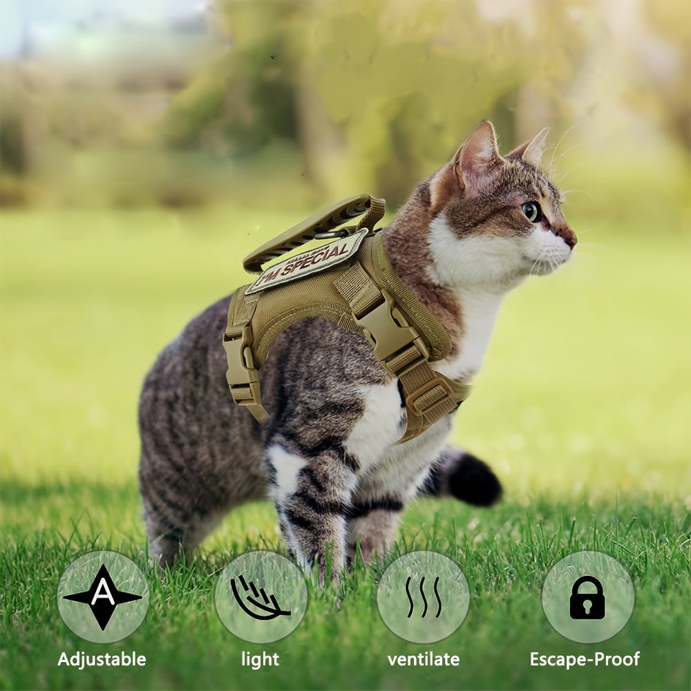 600D Cat Tactical Vest Harness Adjustable - Escape-Proof Chest Strap Vest for Cats & Puppies, Training Walking Outdoor Harness, Black Khaki Red Rose Red Mineral Green Mixed