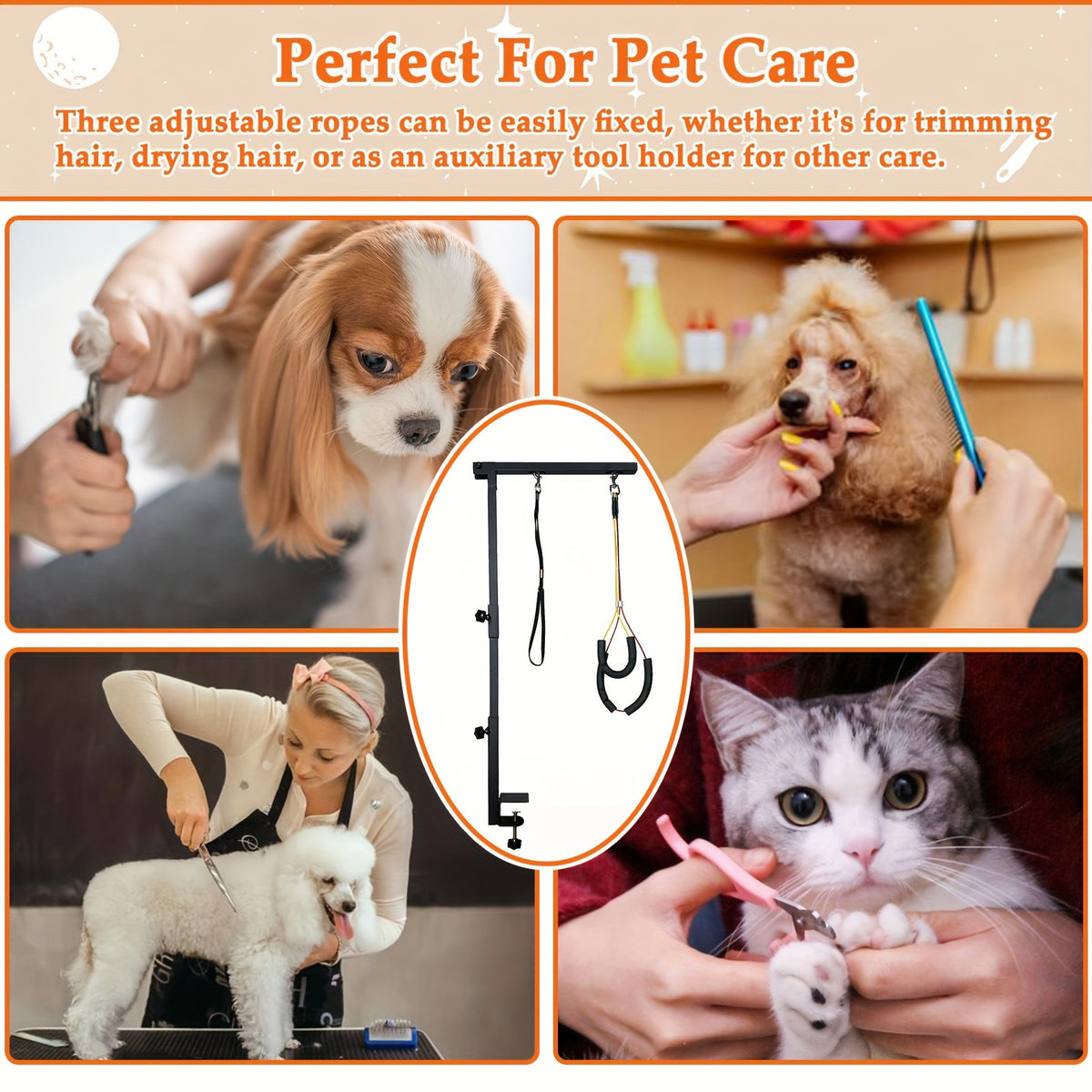 36" Adjustable Dog Grooming Arm with Clamp – No-Sit Haunch Holder, 3-Section Iron Grooming Restraint for Small & Medium Dogs and Cats, Includes Positioning Ropes