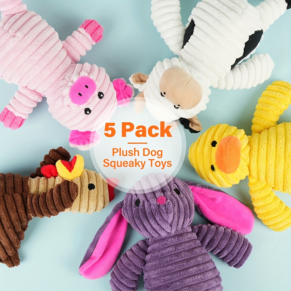 Plush Squeaky Dog Toys 5-Pack – Animal Characters with Embroidered Safety Eyes, Washable Stuffed Squeaker Toys for Small Medium Large Dogs