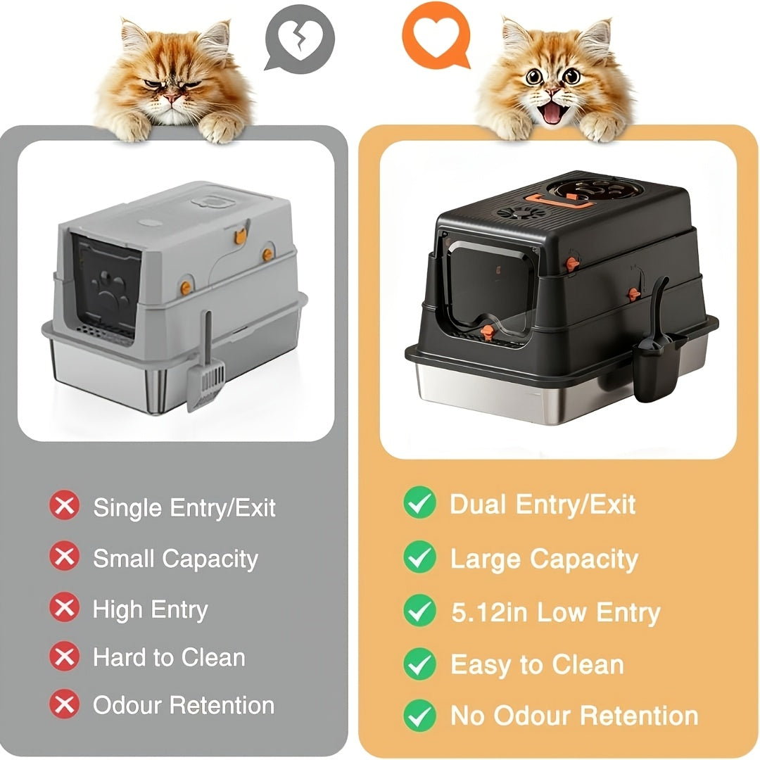 Stainless Steel Cat Litter Box XL Enclosed Odor-Proof with Scoop Step Pedal & Carbon Deodorizer for Large Cats