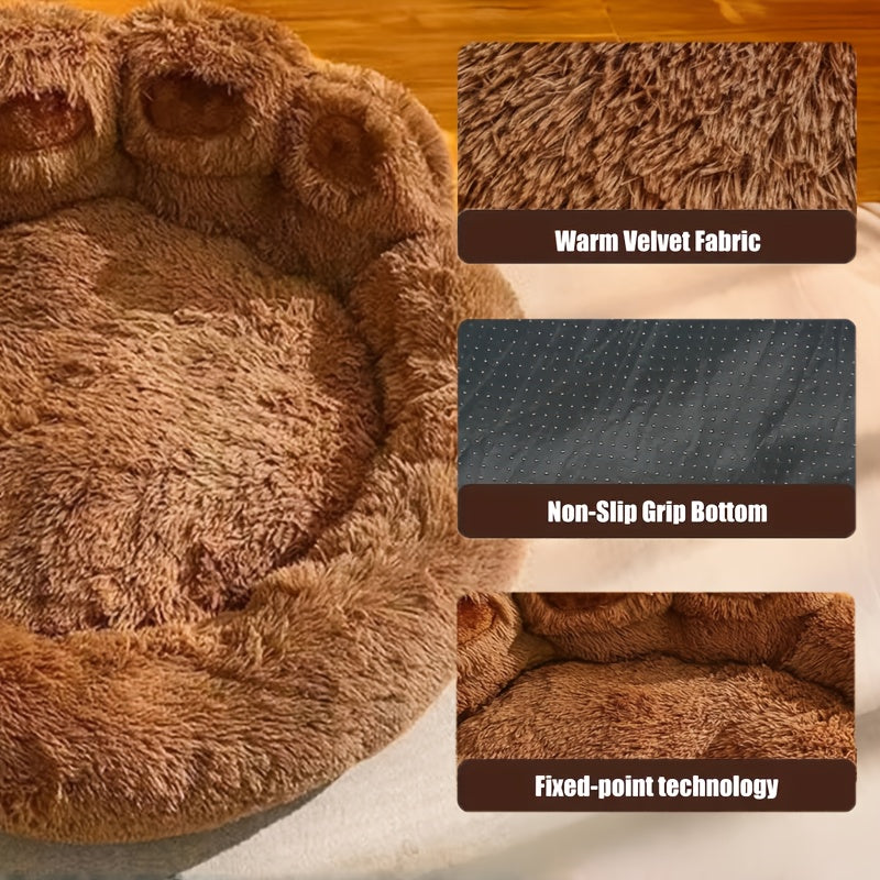 Bear Paw Round Plush Pet Bed for Dogs & Cats – Cute Warm Non-Slip Soft Bed for Small, Medium & Large Pets, 20/24/28/36 Inch