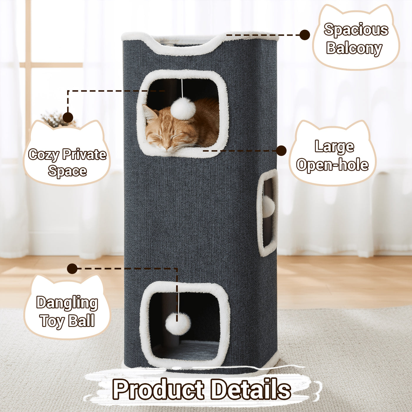 Multi-Level Foldable Cat Tree Tower for Indoor Cats – Cat Condo with Hanging Toy Balls, Cozy Top Bed & Scratch-Resistant Felt, 1/3/4 Tier