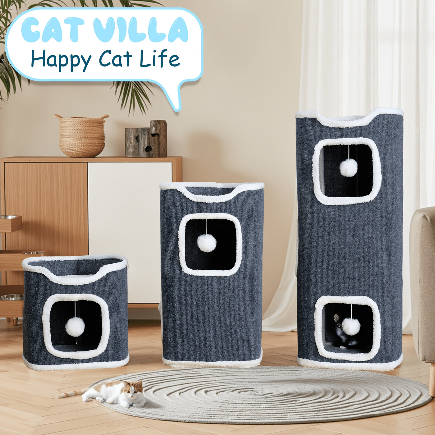 Multi-Level Foldable Cat Tree Tower for Indoor Cats – Cat Condo with Hanging Toy Balls, Cozy Top Bed & Scratch-Resistant Felt, 1/3/4 Tier