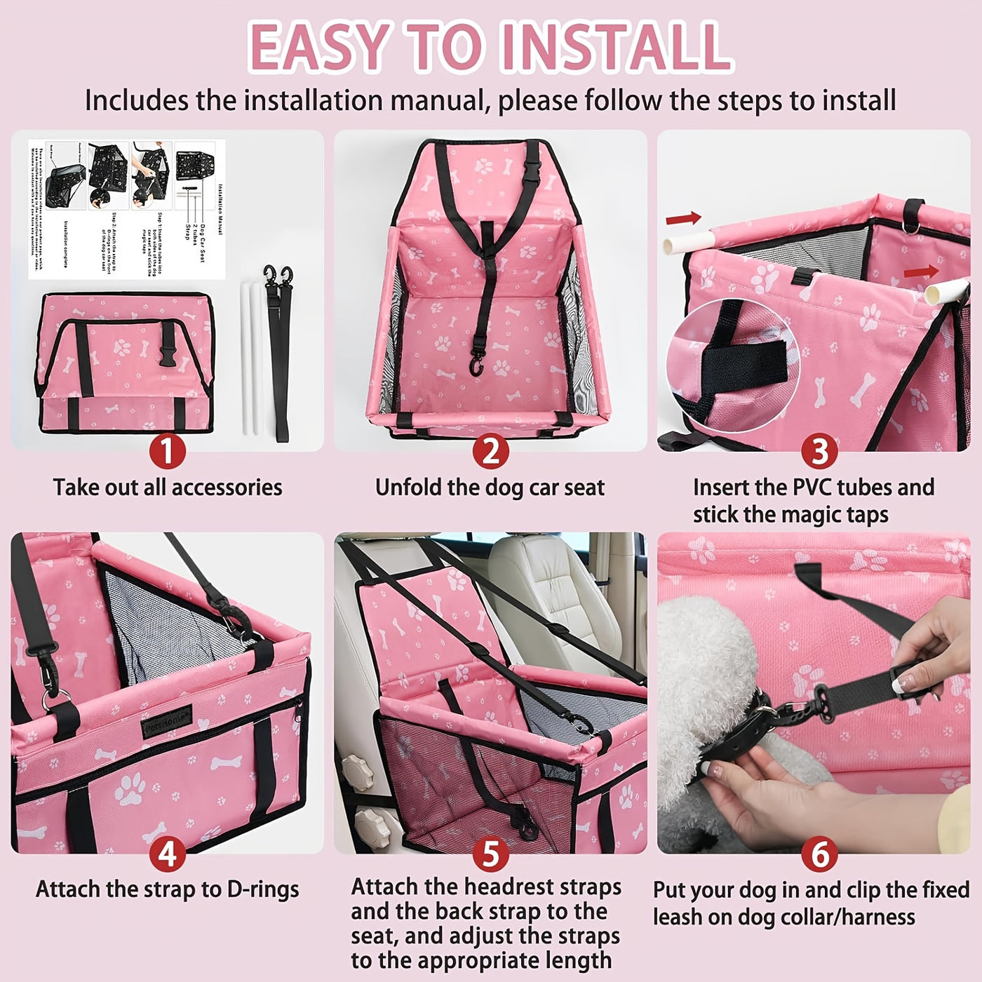 Dog Car Booster Seat & Travel Carrier – Oxford Breathable Foldable Washable Pet Car Seat with Safety Leash, Adjustable Straps & Elevated View for Small Dogs and Cats
