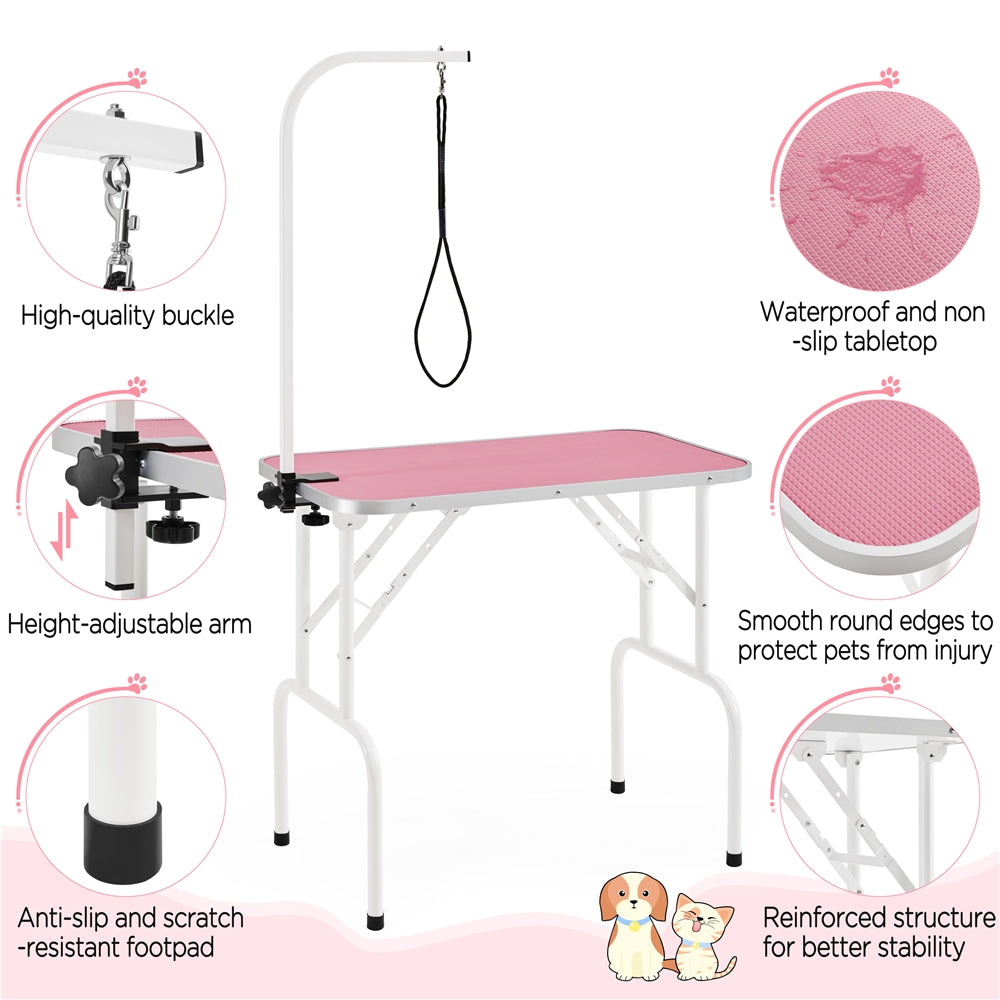 Foldable Pet Grooming Table with Height-Adjustable Arm – Non-Slip Waterproof Surface, Folding Legs for Easy Storage, Home & Professional Dog Cat Grooming Station