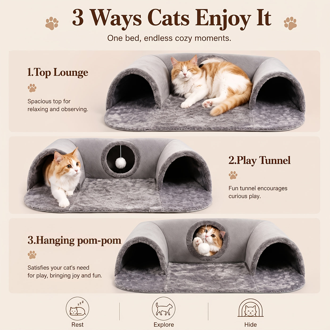 Cat Tunnel Bed with Memory Foam & Glow-in-the-Dark Stars - Detachable Plush Cat Condo, 3D Support, Hanging Ball, Machine Washable Pet Nest for Indoor Cats, 29.5x21.6in