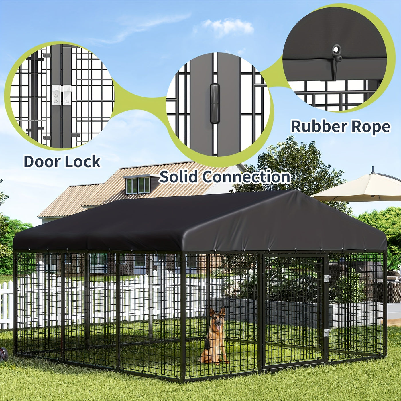 Heavy Duty Outdoor Dog Kennel with Roof & Double Safety Locks – Galvanized Steel Dog Cage Fence, Rust-Resistant, Large Dog Run Enclosure, Multiple Sizes