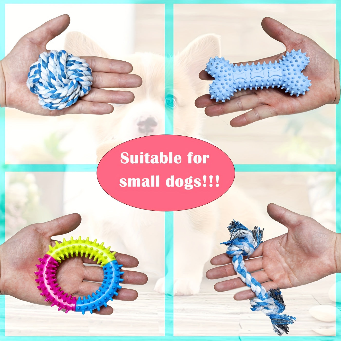 Dog Toy Set 6 or 12 Pcs – Fabric Chew Toys with Squeakers, Knot Toys & Balls, Teeth Cleaning, All Breed Sizes, Cartoon Pattern, No Battery Needed