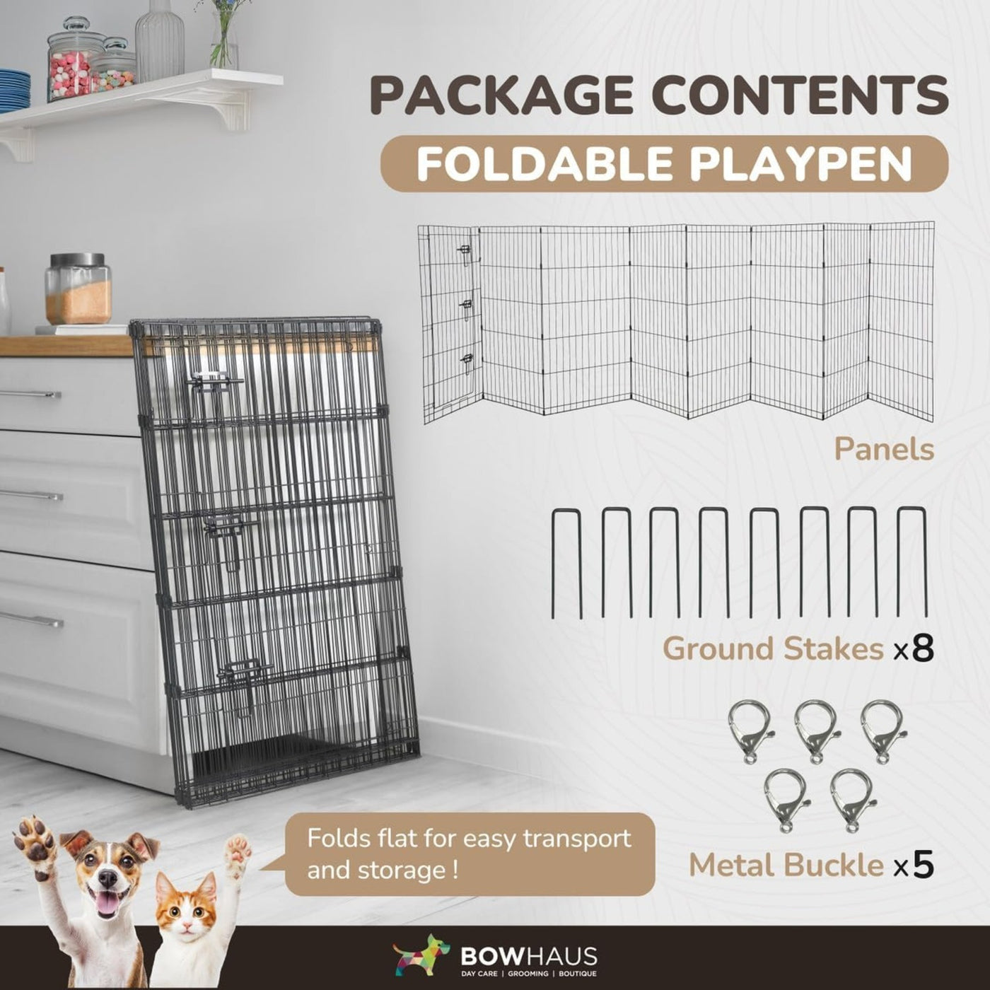 Metal Dog Playpen 8-Panel Foldable with Gate – Heavy-Duty Iron Exercise Fence Cage for Small Dogs, Indoor Outdoor Portable Kennel, 24"/30"/36" Height Options