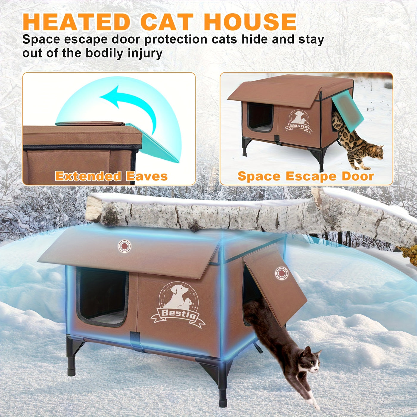 Heated Cat House Outdoor Indoor 3-in-1 with Removable Warming Pad - Elevated Cat Shelter, Chew-Resistant Cord, All-Season Cat Cave for Cats Kittens Small Dogs, Small & Large Sizes