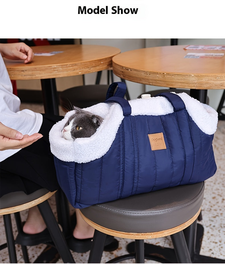 Winter Pet Carrier Handbag Open Top – Cozy Snap Closure Small Dog & Cat Tote Bag for Cold Weather Outdoor Activities, Dark Blue Grey Green Beige