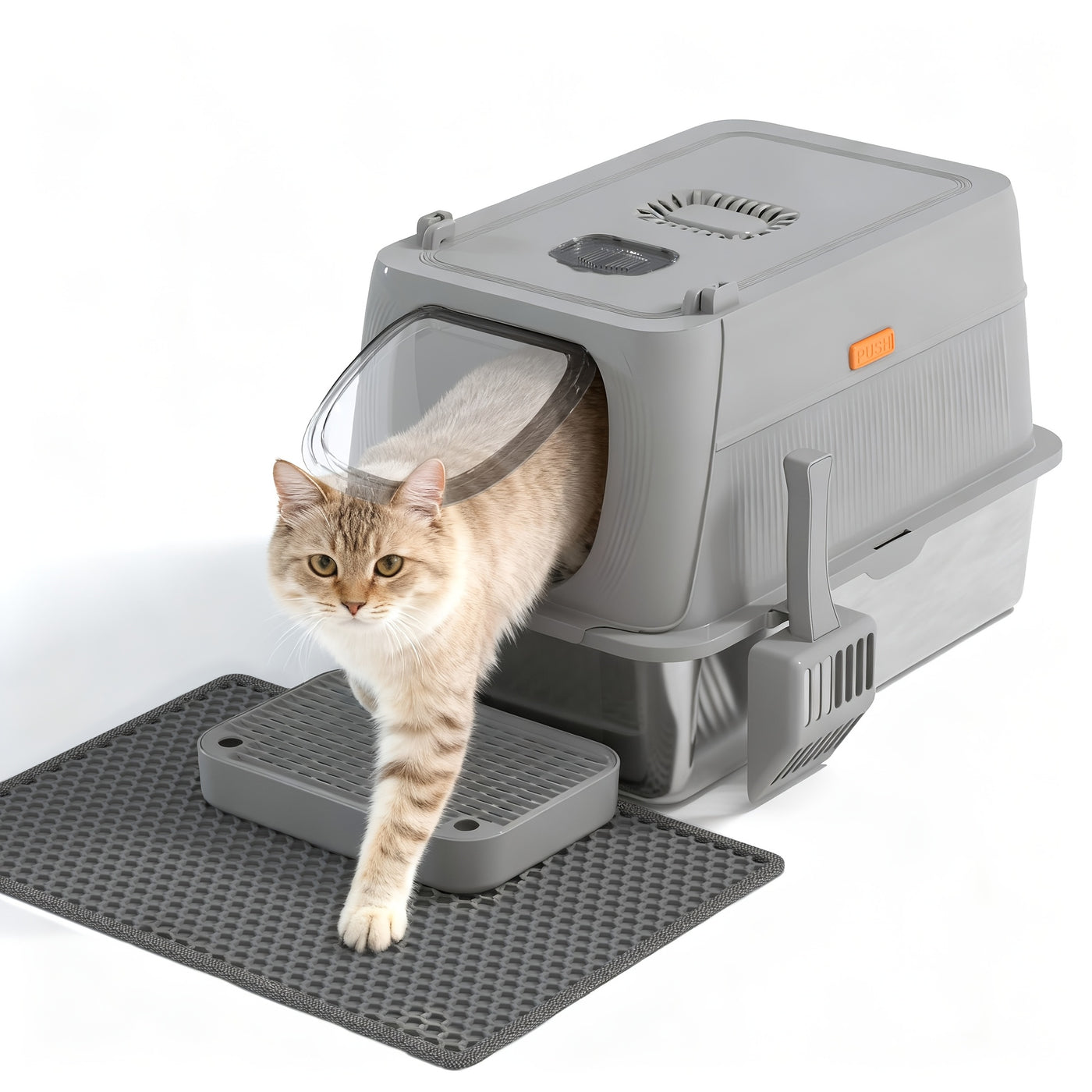 Extra Large Stainless Steel Cat Litter Box with Lid Enclosed Foldable Anti-Splash Indoor Cat Toilet with Front Flap Door Superior Odor Control