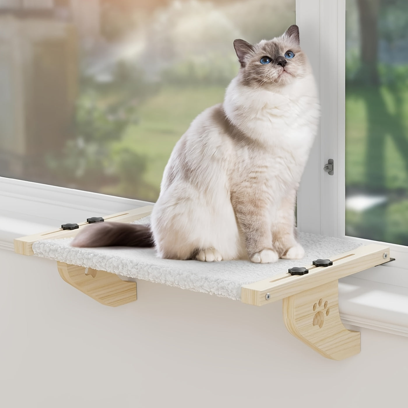 Cat Window Perch Hammock for Indoor Cats – Wood & Metal Frame for Large Cats, Adjustable Mount for Windowsill Bedside Drawer & Cabinet, Cozy Cat Shelf Seat