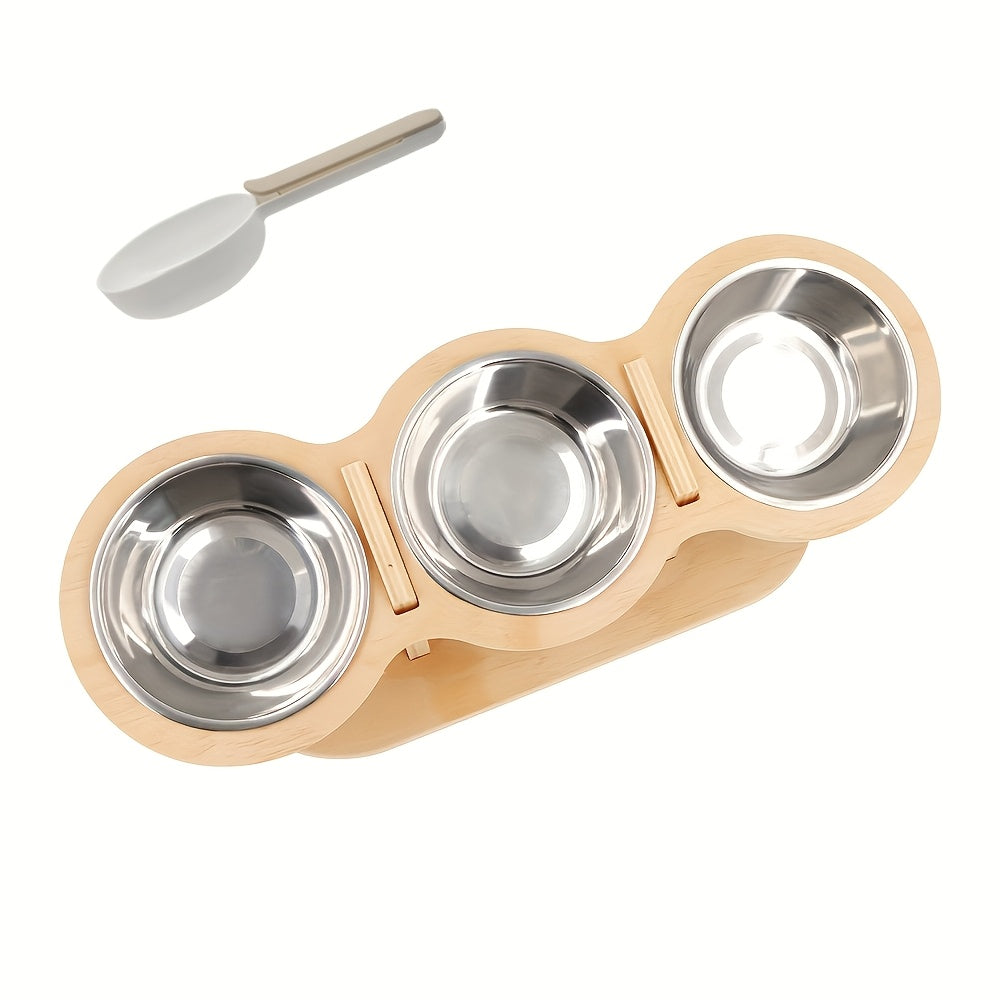 Elevated Cat Bowl Set Stainless Steel – Food & Water Bowls on Stand with Divider Spoon for Cats, Kittens, Puppies & Small Pets