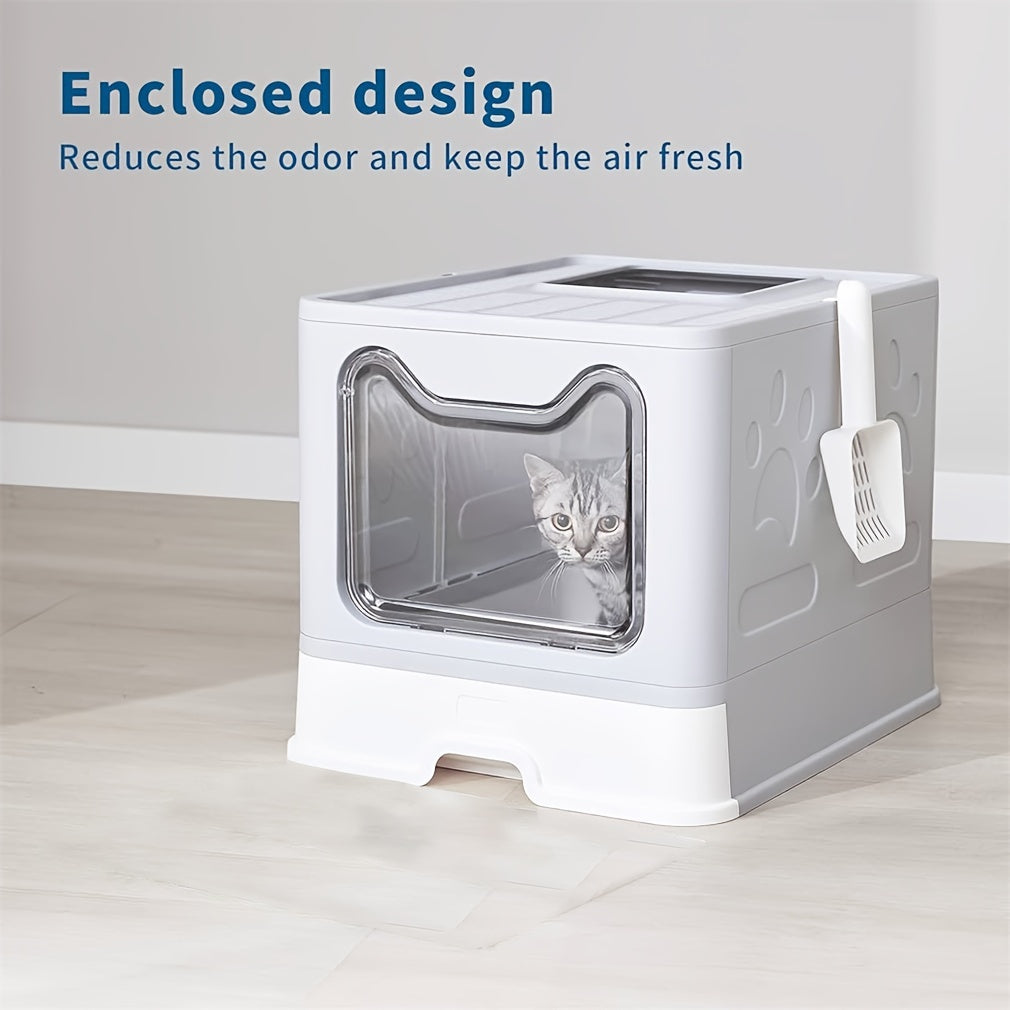 Large Top-Entry Cat Litter Box with Drawer Tray & Scoop - Odor Control Self-Cleaning Cat Toilet for Cats Up to 10kg, Modern Design Foldable Litter Box, Gray/Pink