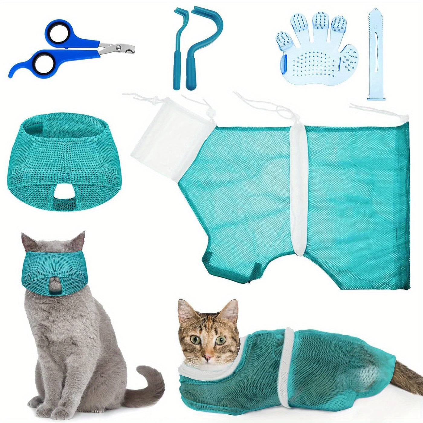 Cat Grooming Kit 5-Piece Set – Bathing Bag, Anti-Bite Muzzle, Nail Clippers, Tick Remover & Massage Brush, Complete Home Grooming Supplies for Safe Gentle Cat Care