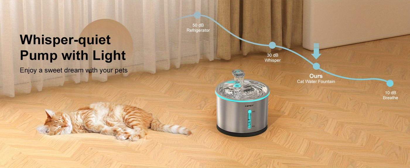 Stainless Steel Cat Water Fountain 50oz/1.5L with Filter - Ultra Quiet Auto Pet Water Dispenser, Dishwasher Safe, LED Visible Window for Cats & Dogs Indoor