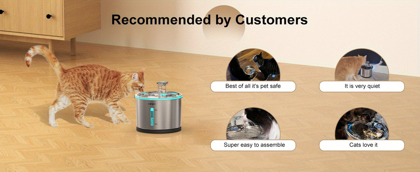 Stainless Steel Cat Water Fountain 50oz/1.5L with Filter - Ultra Quiet Auto Pet Water Dispenser, Dishwasher Safe, LED Visible Window for Cats & Dogs Indoor