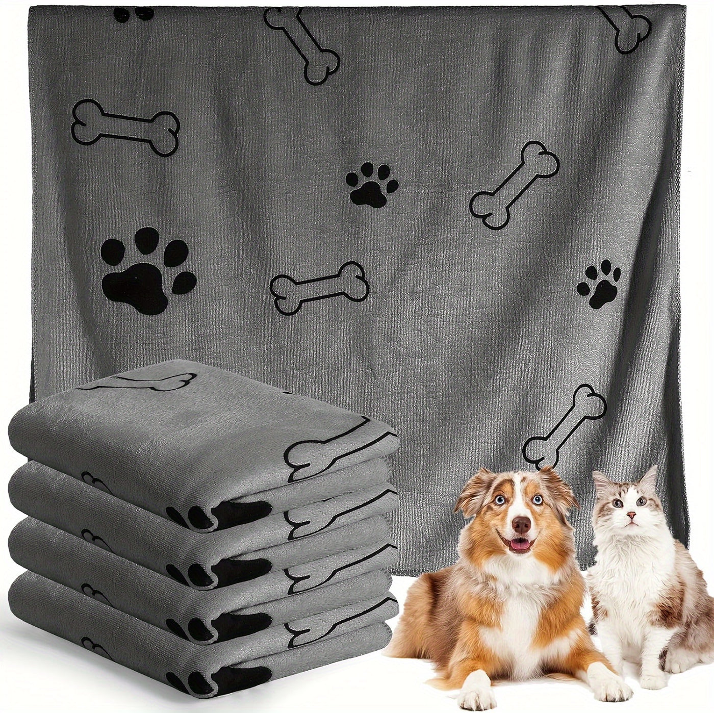 Large Quick-Dry Pet Bath Towel for Dogs & Cats - Super Absorbent Soft Microfiber, 40x24 Inches, Gray / Blue / 2-Pack