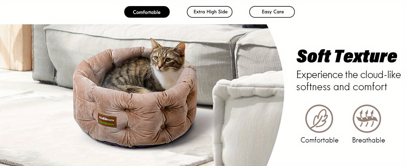 Deep Nest Round Cat Bed for Indoor Cats - Velvet Plush, Extra High Sides, Non-Slip Bottom, Machine Washable, 20x20x8in Cat Bed for Small Pets up to 15lbs, Steel Blue & Warm Beige